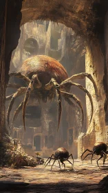 Colossal rusted spiders reclaim the sunken stone citadel