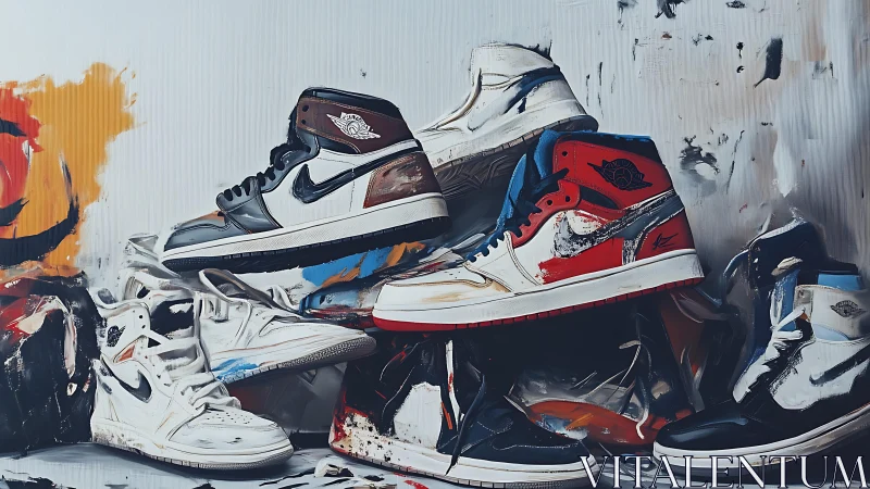 Painterly still life of stacked Nike high-top sneakers cluster