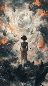 Lone warrior under burning skies facing full moon.