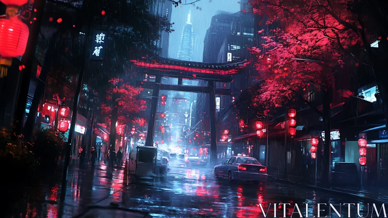 Neon drenched Shinto gate street dramatizes cyberpunk rainfall