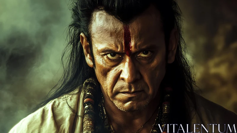 Intense warrior portrait with forehead tilak and ritual beads