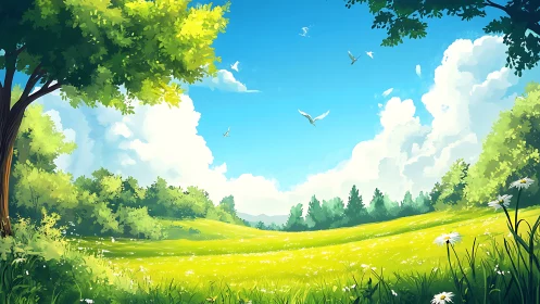 Luminous meadow panorama with stratified cumulus sky field.