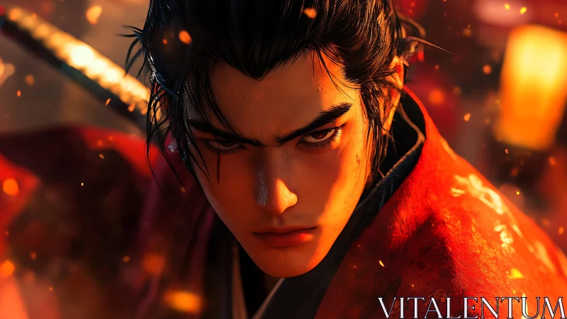 Samurai warrior portrait in blazing cinematic firelight.