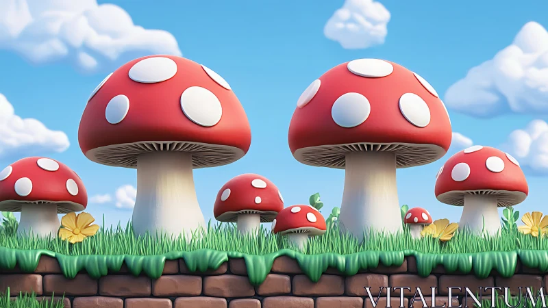 Cheerful spotted mushrooms in a sunny storybook meadow.