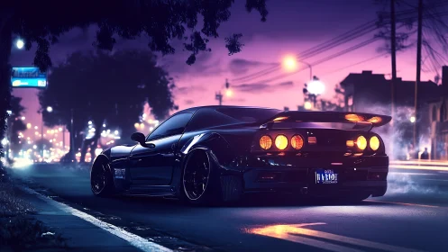 Modified sports car on urban street at dusk with lights on.