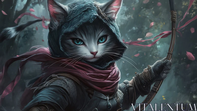 Hooded anthropomorphic archer cat in misty forest setting.