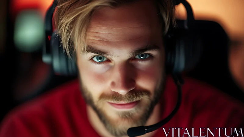 Focused gamer wears headset under warm studio lighting.