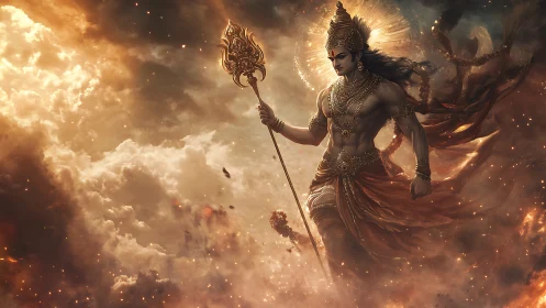 Stormlit warrior strides through molten clouds of divinity