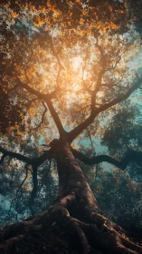 Golden canopy glow through towering forest guardian.