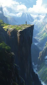 Solitary figure surveys sheer cliff plateau above layered valleys