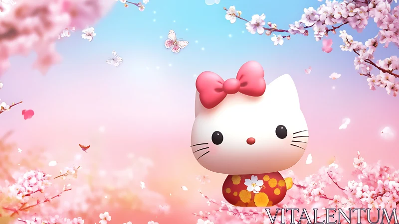 Cute white cat figure among soft cherry blossoms.