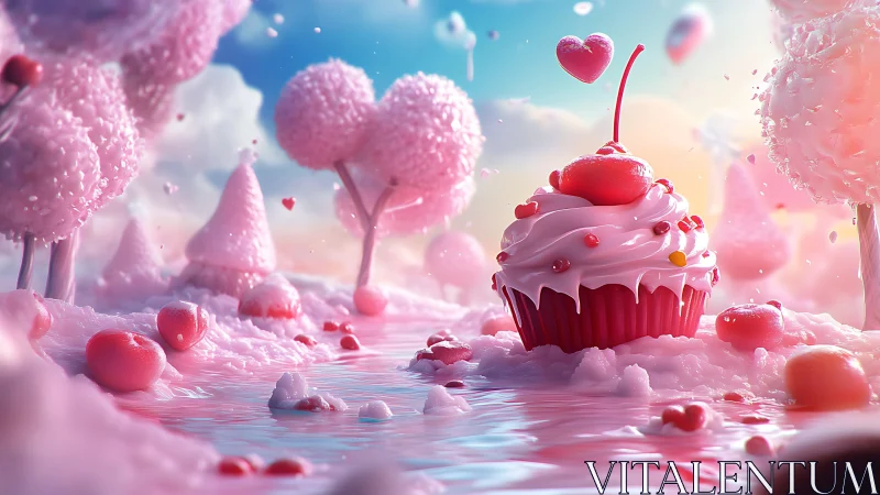Whimsical Candy Landscape: Digital Cupcake in Pink Fantasy Realm