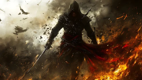 Hooded sword warrior strides through swirling battlefield fire.