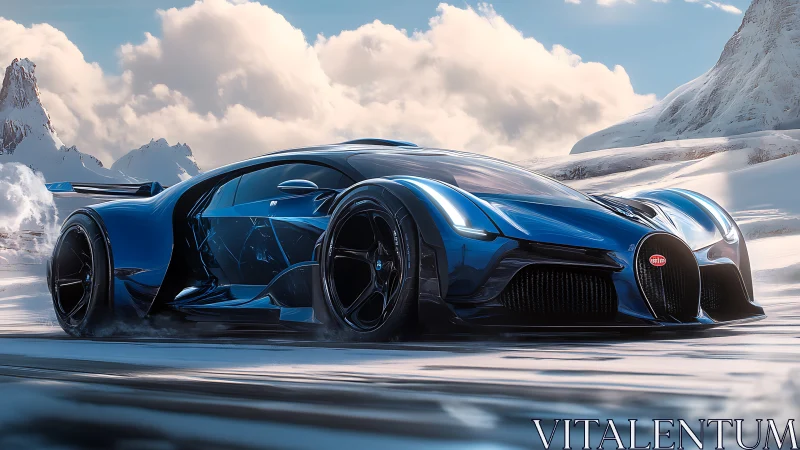 Futuristic hypercar concept racing across icy mountain pass.