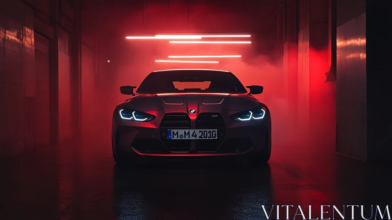 Bold sports car glows under red neon lights in a dark tunnel
