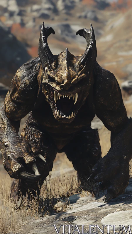 Horned wasteland beast roaring on rocky plain.