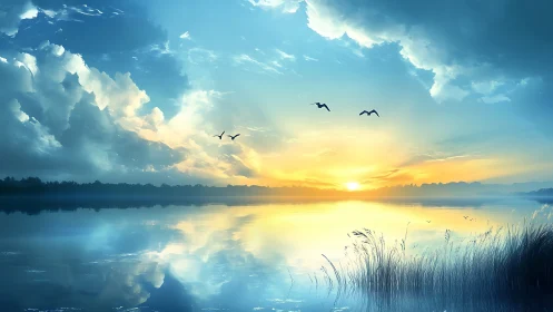 Calm sunrise over still lake with birds in flight.