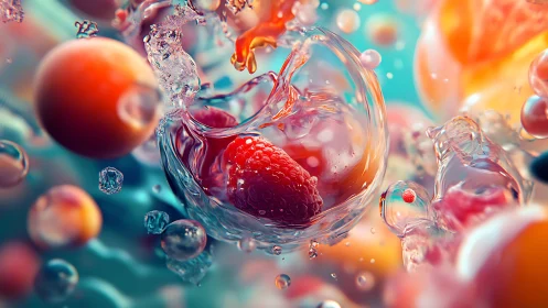High-speed macro render of raspberry in refractive liquid splash