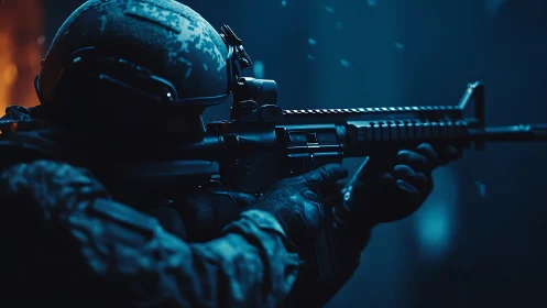 Tactical operator aims carbine under low light with cinematic bokeh