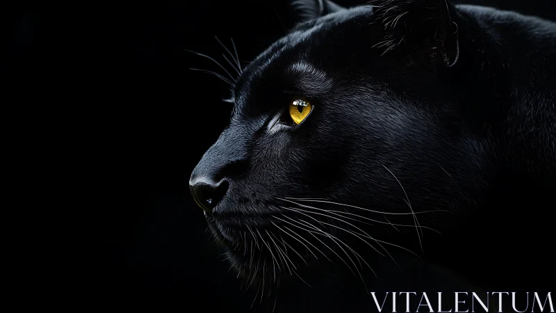 Black panther emerges from darkness with piercing golden gaze.
