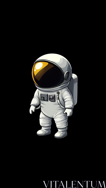 Chibi astronaut stands in deep space on black void background.