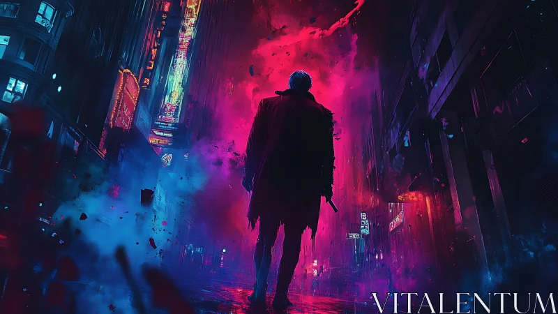 Lone figure in neon-drenched cyber alley with cascading smoke.
