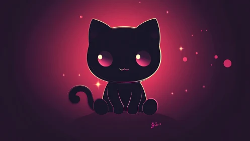 Black cat illustration rendered with neon pink gradient background.