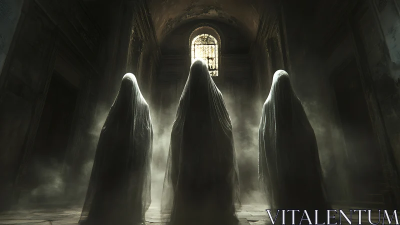 Triptych of veiled apparitions in decayed nave illumination.