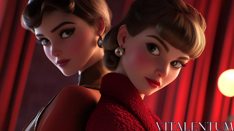 Cinematic 3D portrait of dual female figures in velvet light.