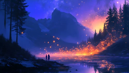 Two figures observe glowing aurora over mountain valley.