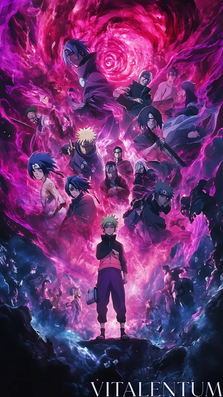 Dynamic anime ensemble in swirling magenta vortex field