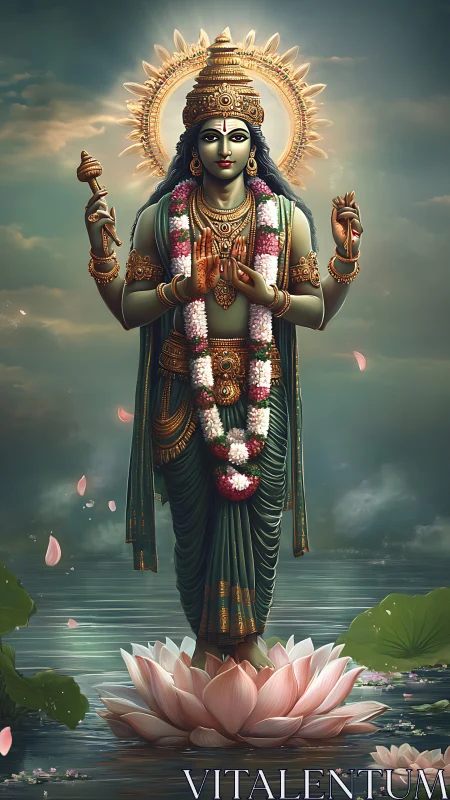 Divine four-armed deity standing on radiant lotus bloom.
