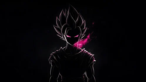 Silhouetted spiky haired figure stands with magenta energy plume