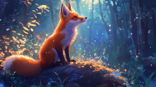Fox sits on mossy forest rock under soft glowing light