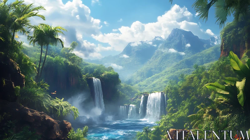Tropical waterfall valley with dense forest and mountains.