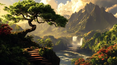 Sunlit bonsai path above mythic waterfalls and emerald peaks.