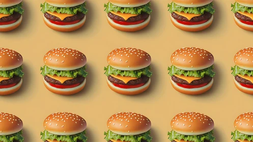 Repeating cheeseburger pattern on flat beige background grid.