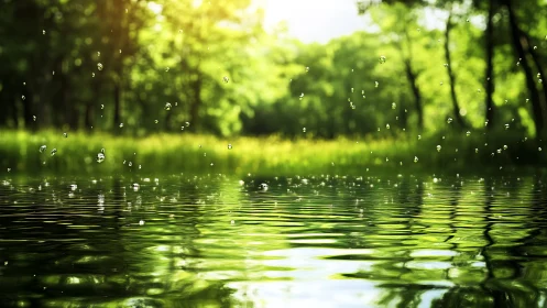 Luminous Rain on Forested Waterway at Golden Hour