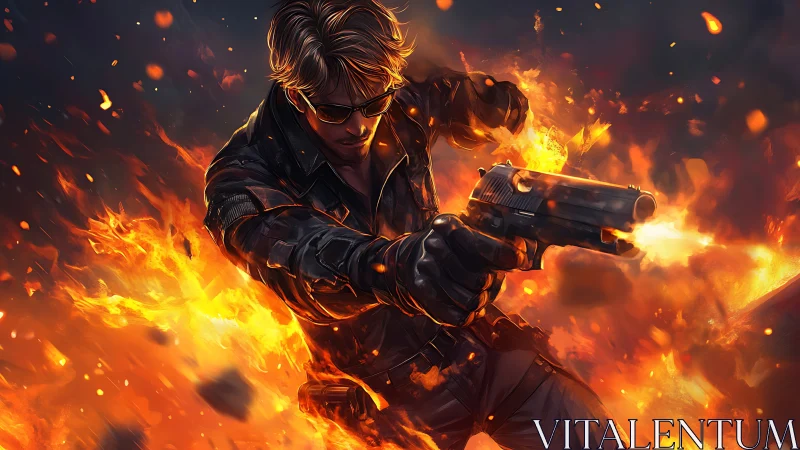 Blazing action hero dives through swirling storm of fire.