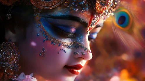 Profile portrait renders jeweled, peacock-accented visage in vivid bokeh