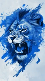 Blue roaring lion portrait in bold digital splatter style.
