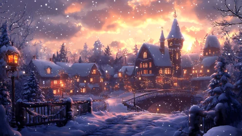 Snowdusted bridge into lantern-lit winter village hush.