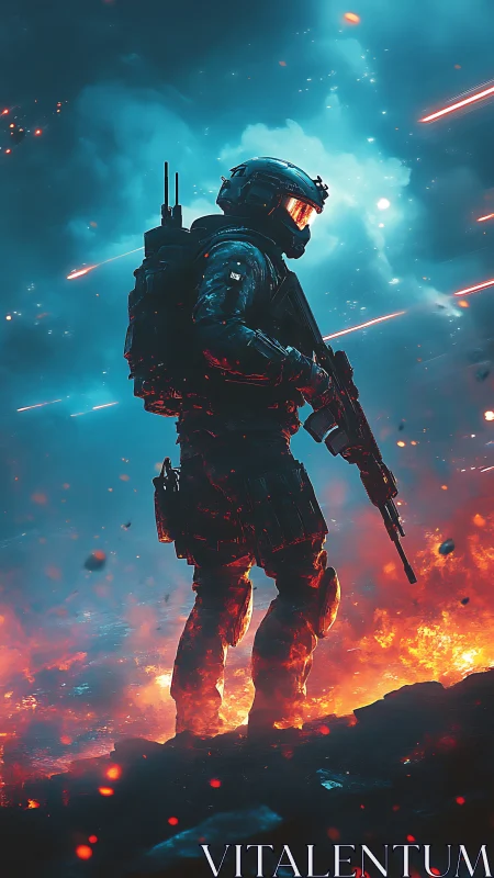 Armored sci fi soldier stands in blazing cosmic battlefield