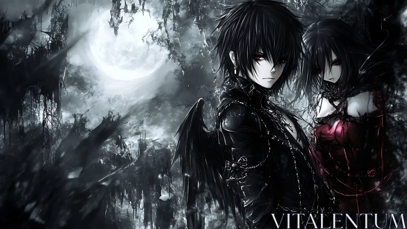 Midnight seraphs trade secrets beneath a haunted moon