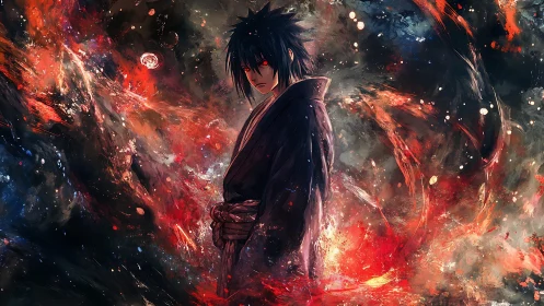 Dark-haired anime warrior amid swirling crimson nebula.