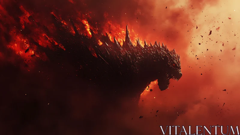 Fiery kaiju silhouette emerges through burning crimson clouds.