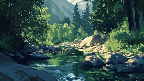 Sunlit forest river beneath distant snowcapped peaks.