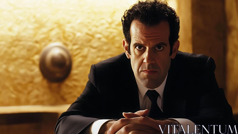 Man in formal suit seated at table in warm interior.