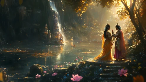 Two robed figures stand by a glowing river in a forest