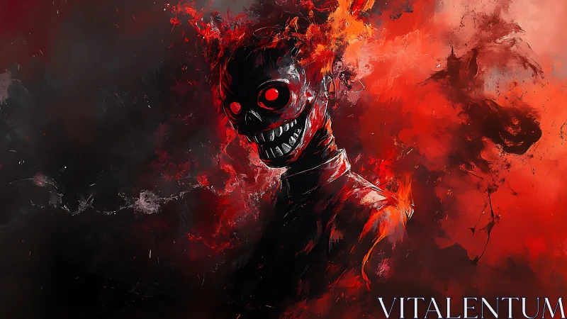 Flaming demon skull grins through swirling red chaos and ash